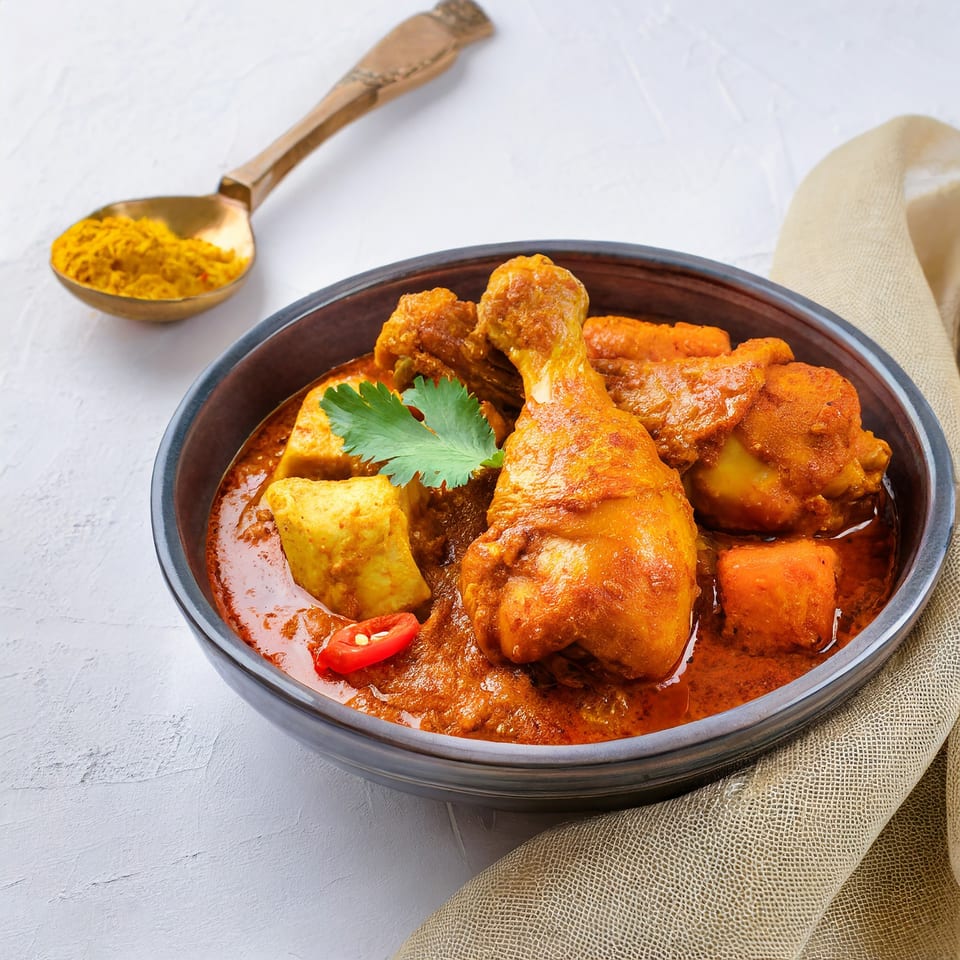 Chicken curry with potatoes and red chili in a dark bowl, with a spoon of turmeric powder.